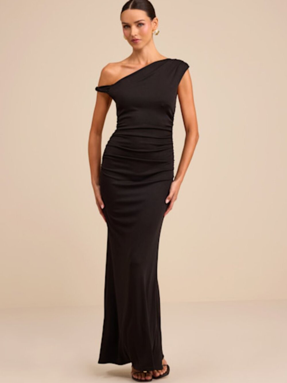 Lulus Oriella Black Asymmetrical Ruched Mermaid Maxi Dress M